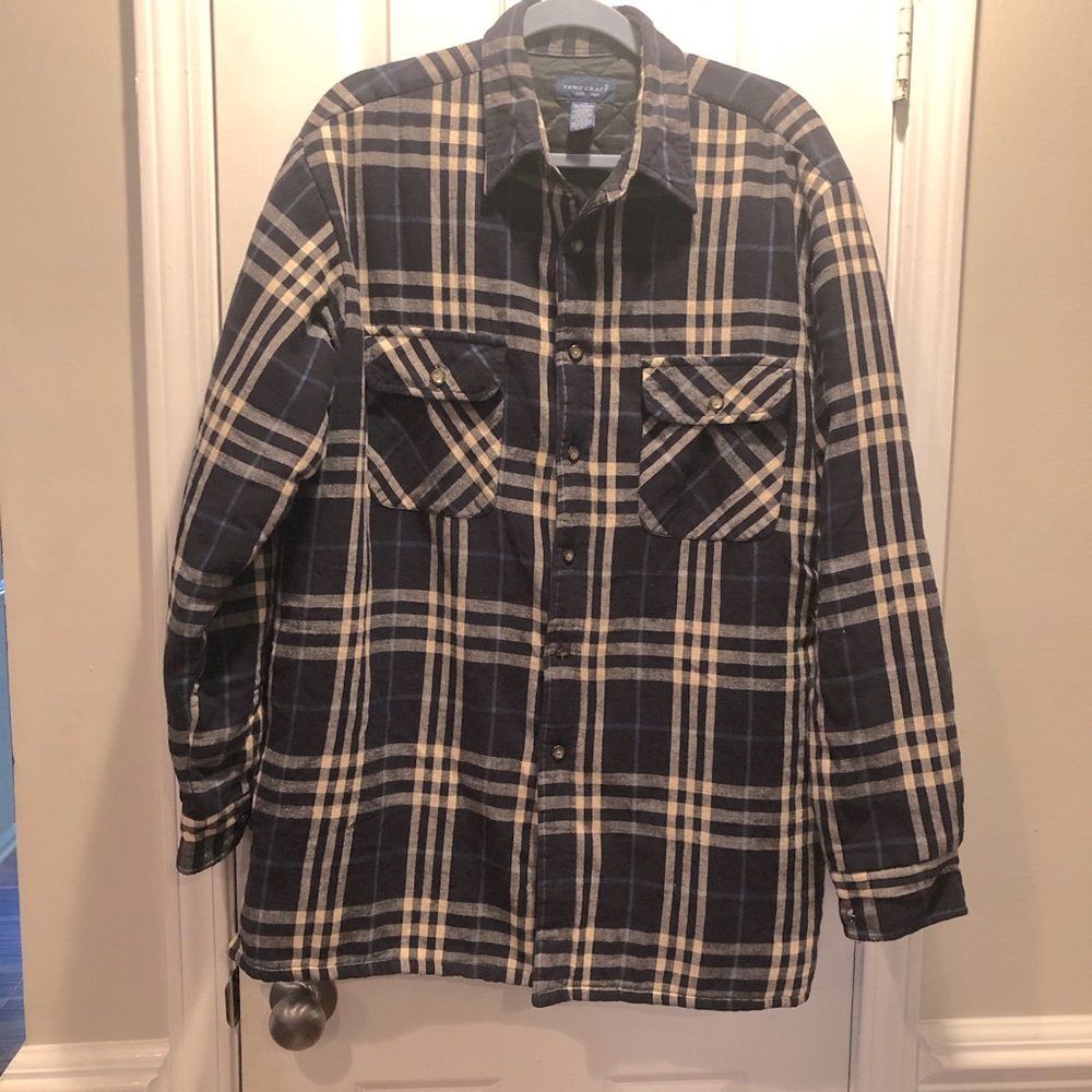 Towncraft JC Penney’s Quilted Flannel Shirt Jacket Blue and white Plaid READ